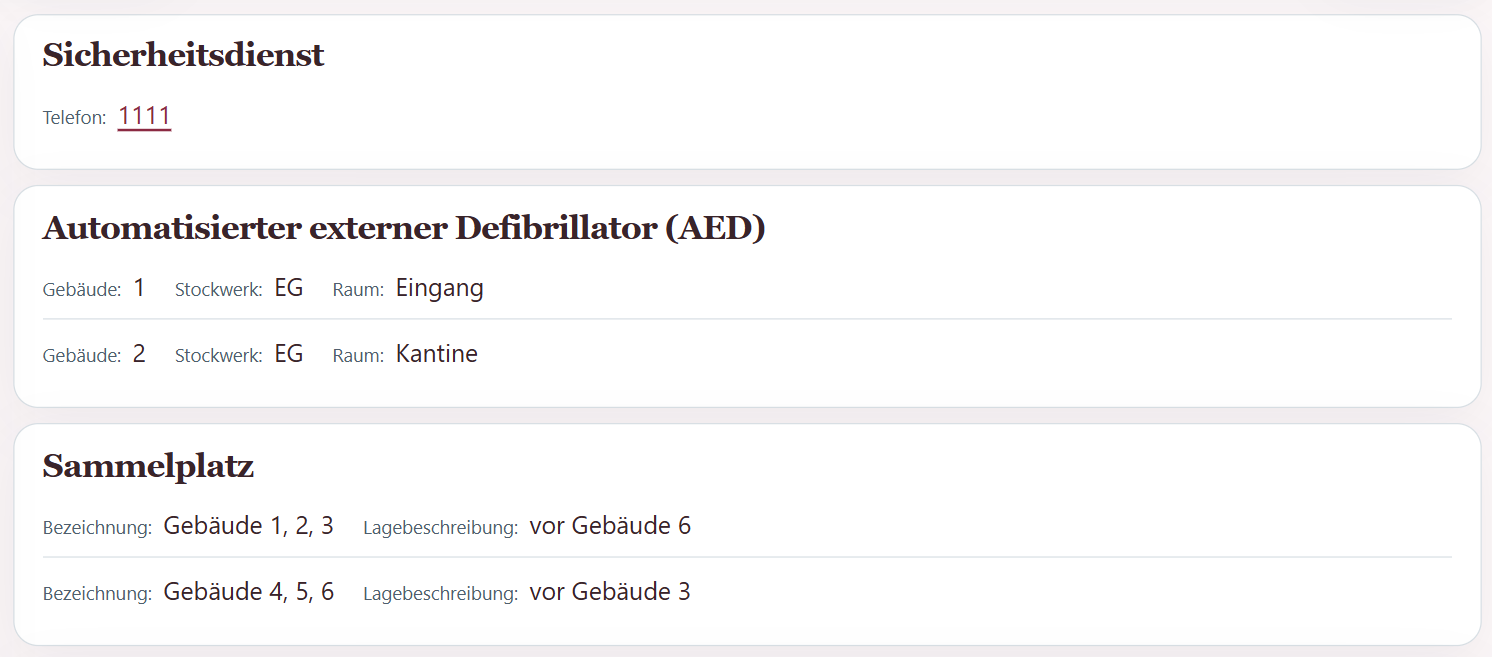 Beispiel einer individuell zusammengestellten diNis-Hauptseite mit Sicherheitsdienst, automatisiertem externem Defibrillator und Sammelplatz