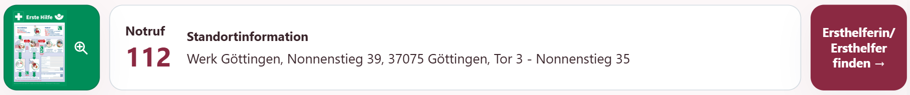 Kopfzeile der diNis-Mitarbeiteransicht mit Erste-Hilfe-Aushang, Notrufnummer, Standortinformation und Direktlink zu Ersthelferinnen und Ersthelfern